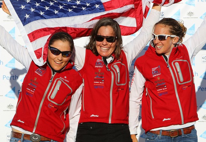 Anna Tunnicliffe, Deborah Capozzi, Molly Vandemoer winning gold in the Match racing, Womens Match Racing - ISAF Sailing World Championships Perth 2011  © Ocean Images